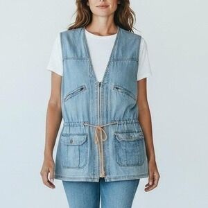 Neutral Zone Vintage Denim Utility Vest Light Wash Zip Up Drawstring Waist Med